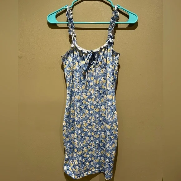 NWT Blue Floral Bodycon Ruffle Sun Dress Summer Spring SHEIN Vacation - Picture 5 of 12